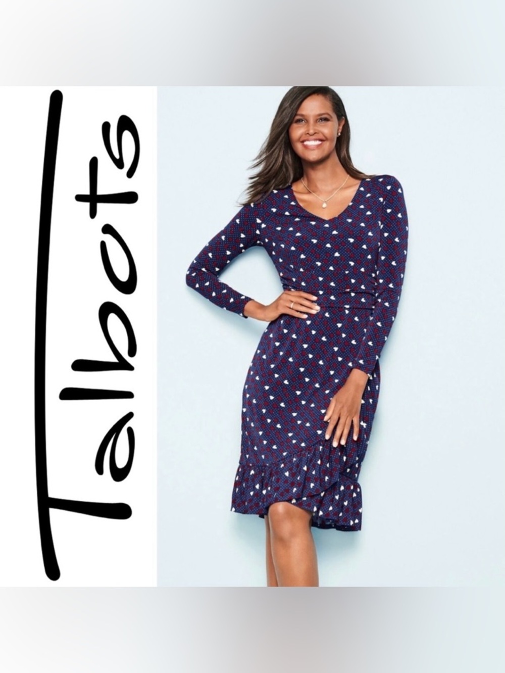Talbots Navy Blue Heart Print A-Line Faux Wrap Ruffle Sheath Dress, Size 8P, EUC